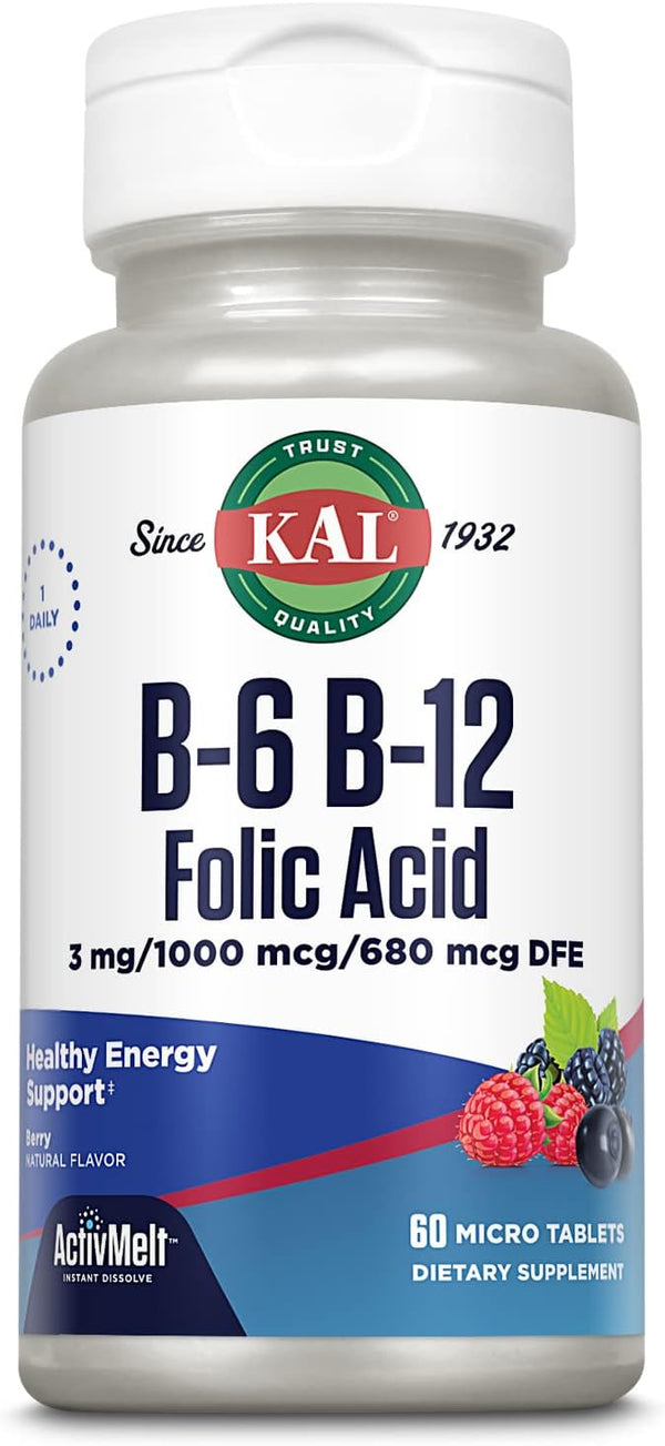 KAL Vitamin B-6, B-12 & Folic Acid Supplement, Heart Health, Energy Support, Natural Berry Flavor, 60 Servings