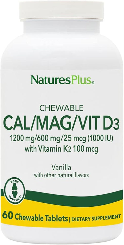 NaturesPlus Chewable Cal/Mag/VIT D3 with Vitamin K2 - 60 Vanilla Tablets - Bone Health Supplement, Gluten-Free