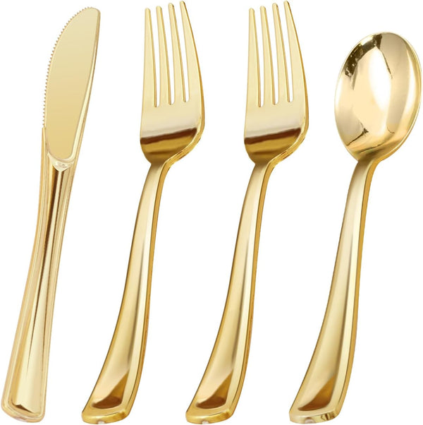 60PCS Gold Plastic Silverware, Heavy Duty Disposable Cutlery Set of 30 Gold Forks, 15 Spoons, 15 Knives for Parties