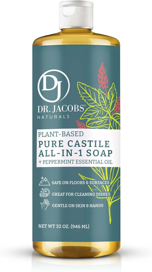 Dr. Jacobs Naturals Peppermint Castile Soap All-Purpose Cleaner, Eco-friendly Plant-Based Formula (32 Fl Oz)