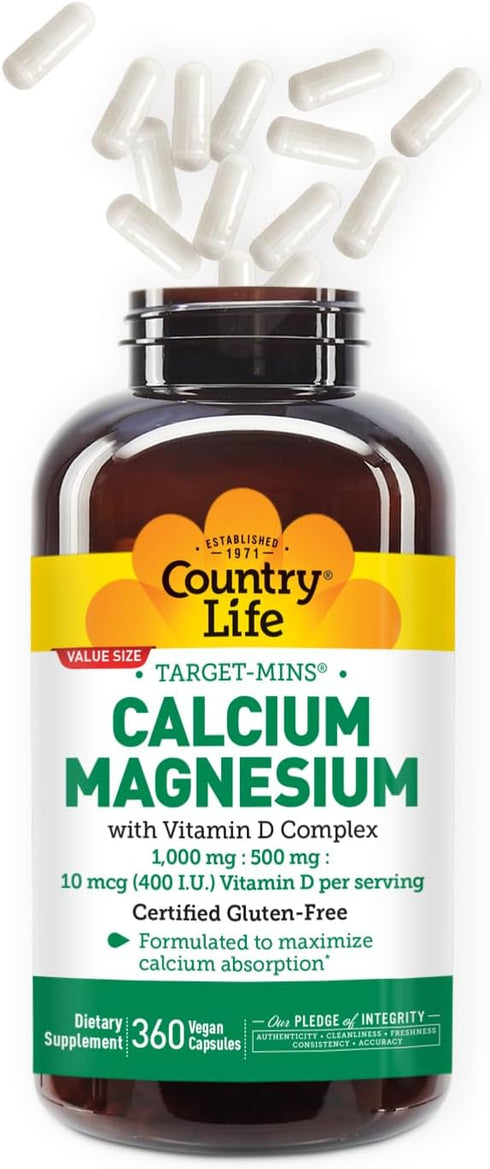 Country Life Target-Mins Calcium Magnesium with Vitamin D-Complex, 1000mg/500mg/10mcg, 360 Vegan Capsules