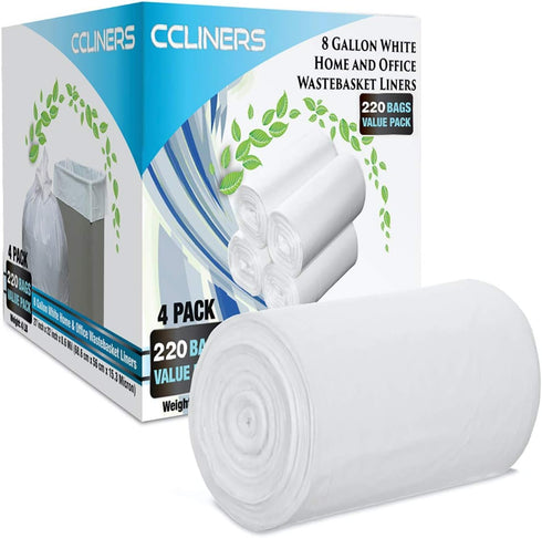 8 Gallon Medium Trash Bags, White Kitchen Garbage Bags, Plastic Wastebasket Liners for Home and Office Bins, 220 Count