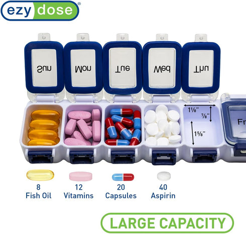 EZY DOSE Weekly Pill Planner - 7-Day Medicine Case, Waterproof Organizer Box with Locking Compartments, Blue