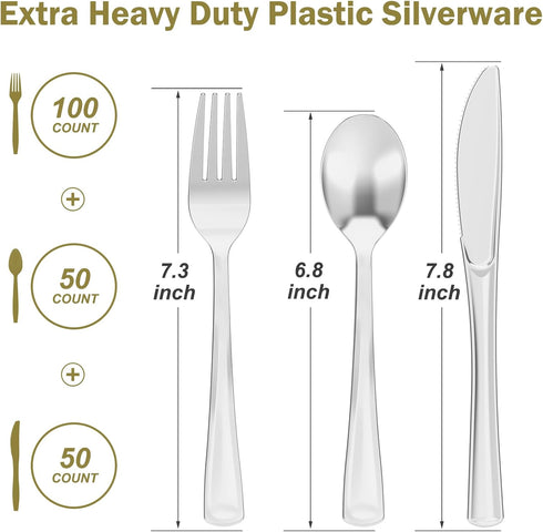 200 Count Heavy Duty Silver Plastic Silverware, 100 Forks, 50 Spoons, 50 Knives, BPA-Free, Heat Resistant, Disposable Silver Plastic Utensils Set, Silver Plastic Cutlery, Plasticware Bulk for Party by Dealusy