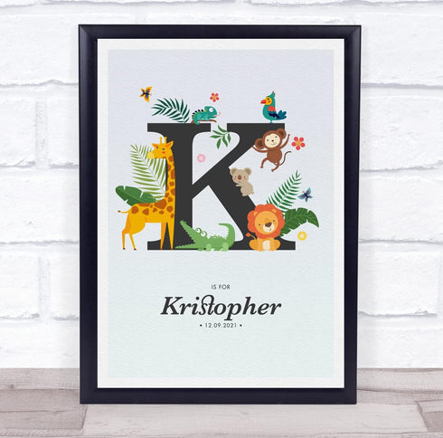 The Card Zoo Jungle Animals Initial K Baby Birth Details Nursery Christening Gift Print