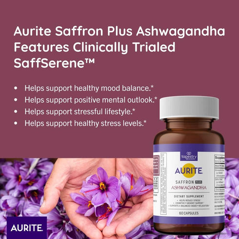 Saffron Ashwagandha Supplement for Stress Management, Mood Support, Long-Term Memory - 60 Count, Vegetarian Friendly