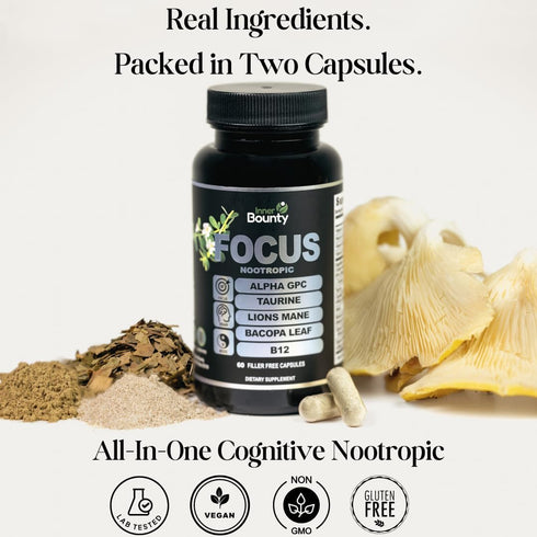 Focus 14-in-1 Nootropic Brain Supplement - 60 Filler Free Capsules - with Lions Mane, Alpha GPC Choline, Vitamin C &