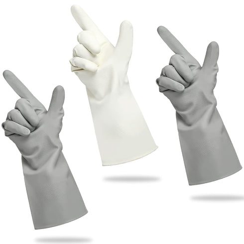 Cleanbear Cleaning Gloves - Set of 3 Reusable Latex Free Rubber Gloves, 2 Pairs Gray and 1 Pair White (12 Inches)