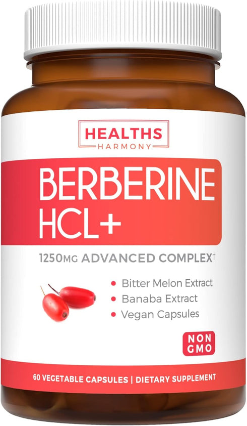Berberine Supplement 60 Caps with HCL, Bitter Melon & Banaba Leaf Extract, 500mg Each, 1000mg Per Serve, Non-GMO