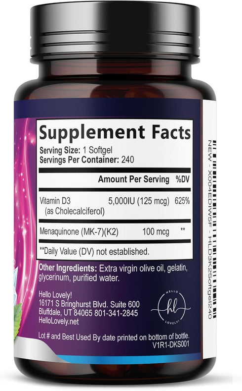 K2 (MK-7) D3 5000IU (125mcg) D3K2 Immune 240 Vitamin D with - Vitamin Per Serving - Complex Supplement for Bone, Teeth