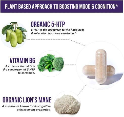 Organic 5-HTP 200 mg with Vitamin B6 & Lion’s Mane, 60 Capsules, Supports Mood, Cognition & Sleep