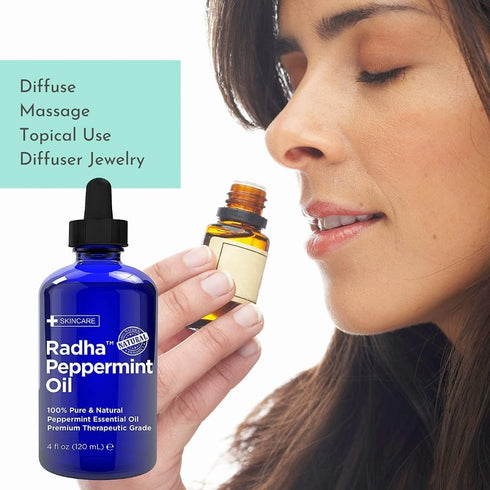 Radha Beauty Peppermint Essential Oil, 4 oz, 100% Pure & Therapeutic Grade, Fresh Minty Scent for Aromatherapy