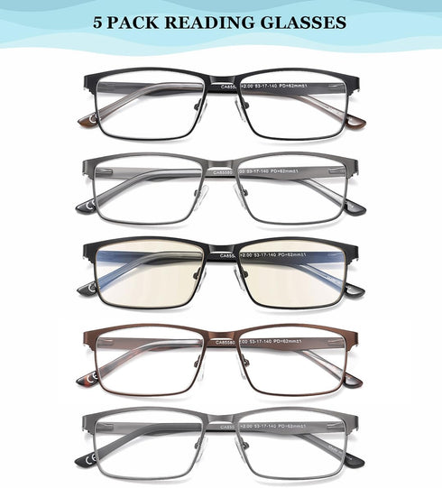 EYECEDAR 5-Pack Reading Glasses for Men, Metal Frame Spring Hinges with Computer Readers, 2.50