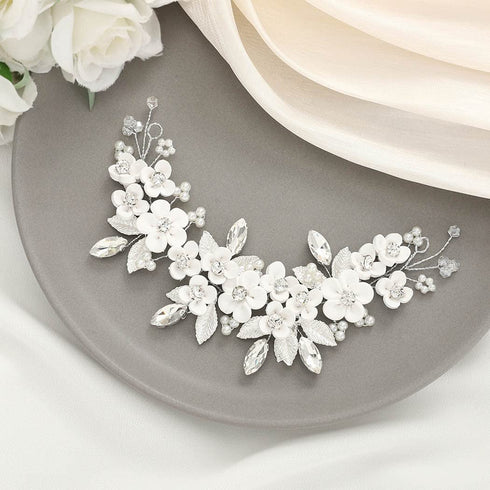 Unicra Flower Silver Bride Wedding Hair Vine Leaf Bridal Hair Piece Rhinestone Headband for Women and Girls