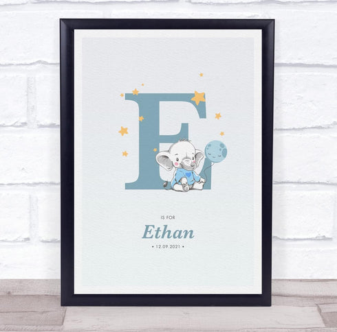 The Card Zoo New Baby Birth Details Christening Nursery Blue Elephant Initial E Gift Print