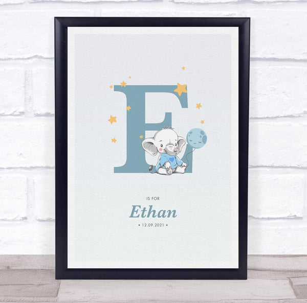 The Card Zoo New Baby Birth Details Christening Nursery Blue Elephant Initial E Gift Print