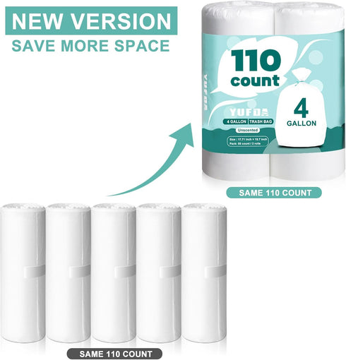 YUFDA 4 Gallon Trash Bags, 110 Count, Small Trash Bags for Bathroom, White, Point-Break Design