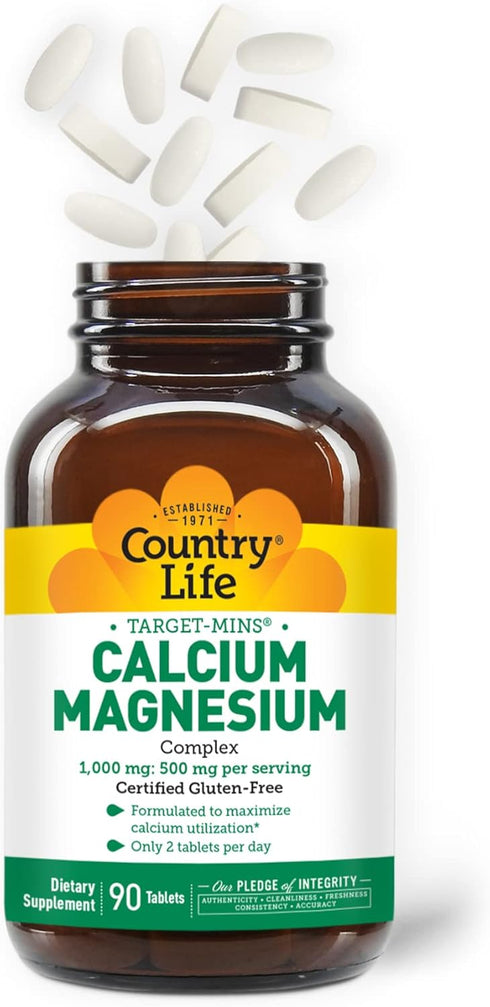 Country Life Target-Mins Calcium Magnesium Complex 1000mg/500mg - 90 Tablets, Certified Vegan & Gluten Free