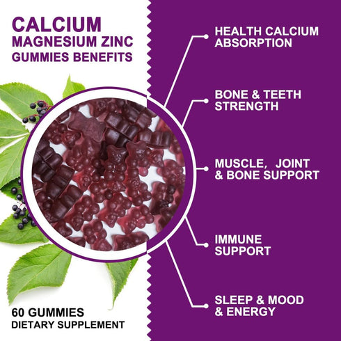 Calcium Magnesium Zinc Gummies with High Absorption Magnesium Glycinate, D3 Sea Moss for Bone & Immune Support - 2 Pack