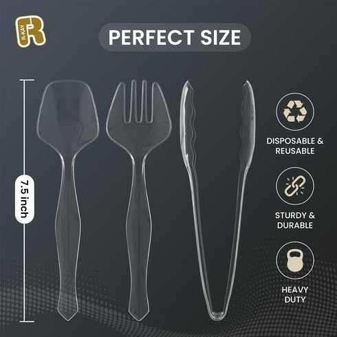 18 Pcs Clear Plastic Serving Utensils Set - 6 Serving Spoons, 6 Tongs, 6 Forks - Heavy Duty Disposable for Parties