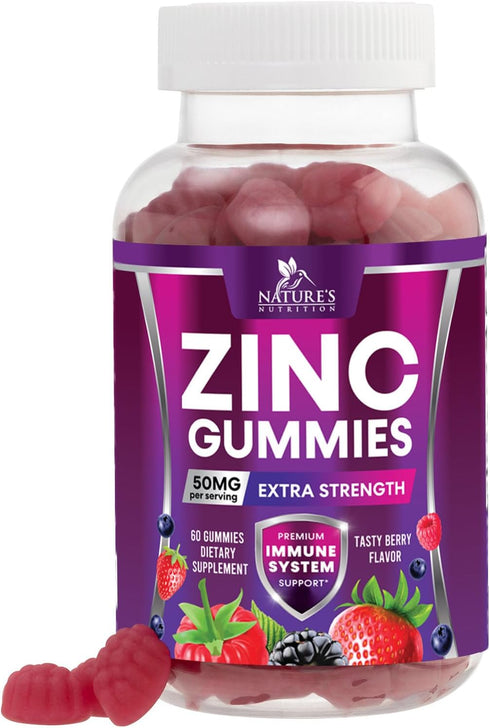 Zinc Gummies 50mg, Bone Skin & Immune Support, Vegan Gluten Free Chewable Supplements, 60 Gummies