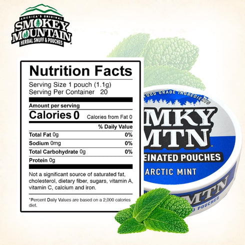 Smokey Mountain Caffeinated Pouches - Arctic Mint, Tobacco Free and Nicotine Free, 5 Can Box with 15 Pouches Per Can