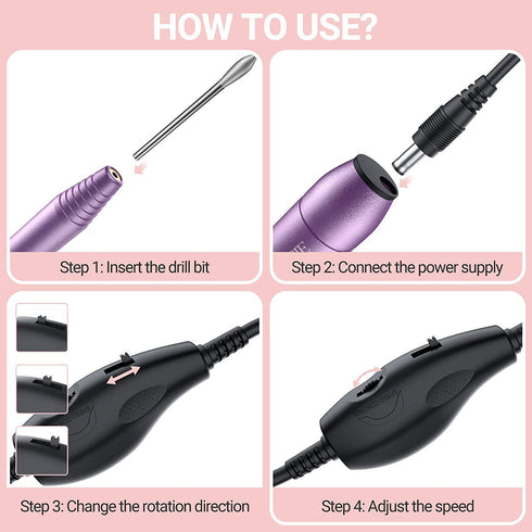 MelodySusie Portable Electric Nail Drill PC120B Compact Efile Kit for Acrylic Gel Nails, Purple