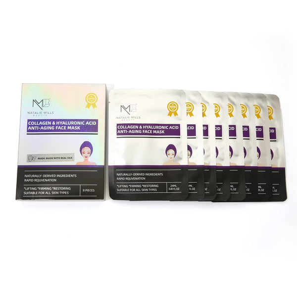 Natalie Mills Collagen & Hyaluronic Acid Anti-Aging SILK Face Mask, 8pcs