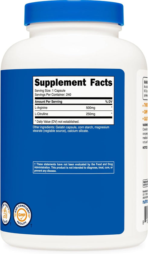Nutricost L-Arginine L-Citrulline Complex 750mg, 240 Capsules - Non-GMO Supplement