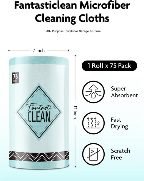 Microfiber Cleaning Cloth Roll - 75 Pack, Tear Away Towels, 12" x 12", Reusable Washable Rags (Blue)