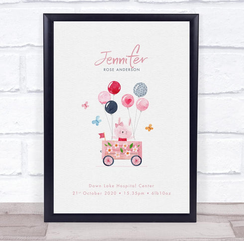 The Card Zoo New Baby Birth Details Christening Nursery Pink Bunny Keepsake Gift Print