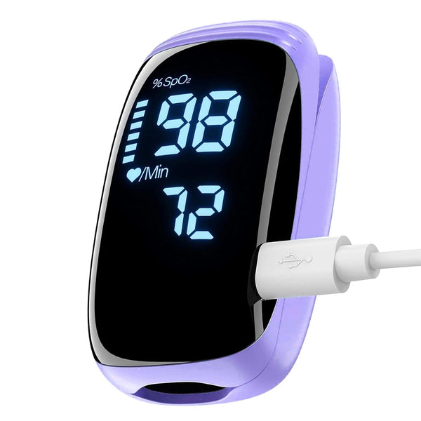 Fingertip Pulse Oximeter, Rechargeable Blood Oxygen Meter with Lanyard for Sports, Outdoors, Aviation Use (Purple)