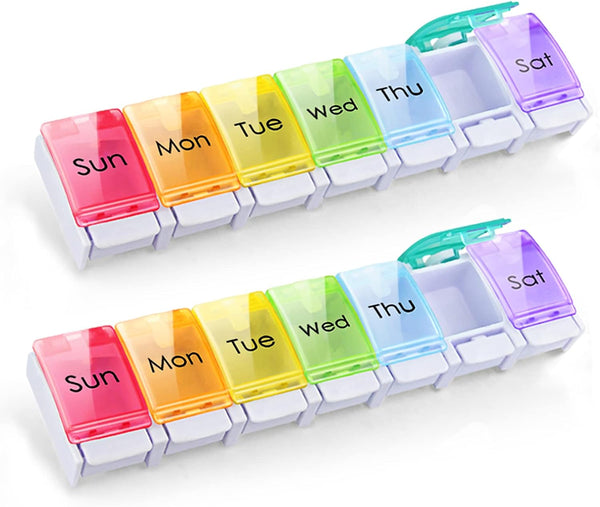 2 PCS Weekly Pill Organizer - Arthritis Friendly Travel 7 Day Pill Box with Spring Open Design and Storage Case
