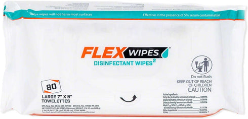 Flex Wipes 36080 Disinfectant Wipes, Pack of 1, Large 7" x 8" Wipes, 80 Wipes per Pack, Dispenses One at a Time.