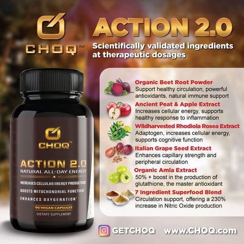 CHOQ Action 2.0 | Natural All-Day Energy | 90 Vegan Capsules | Rhodiola Rosea