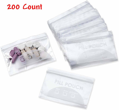 200 Piece Resealable Zipper Locking Pill Pouches - Daily AM PM Travel Organizer for Vitamins and Medications