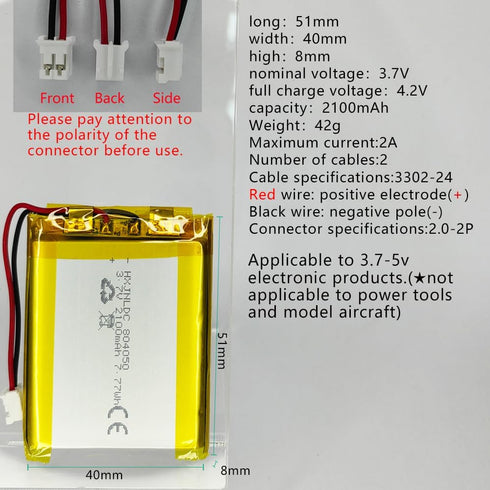 HXJNLDC 3.7V 2100mAh 804050 3.7-5V 2-Wire DC li-ion Lithium Ion Polymer Battery Replacement for DIY Electronic Products