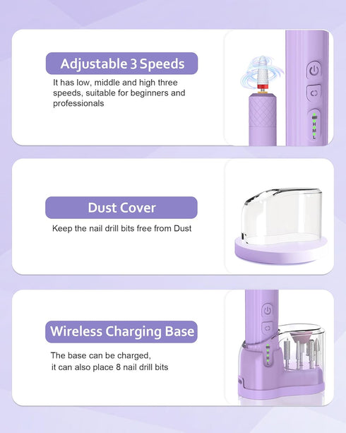 Nail Drill, Cordless Electric Files for Gel Nails, Rechargeable Wireless Efile Manicure Kit for Women