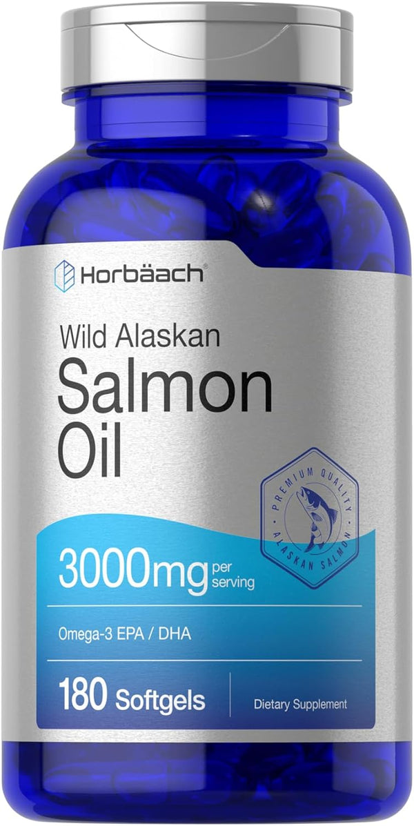 Horbaeach Wild Alaskan Salmon Fish Oil, 180 Softgel Capsules, Gluten Free, High Potency Omega-3 EPA and DHA