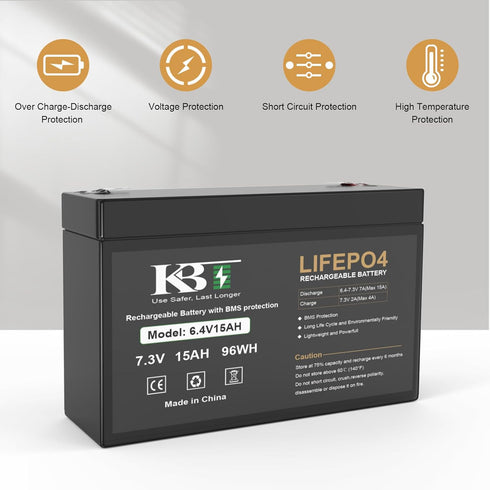 KBT KEEP BETTER TECH 6V 15Ah LiFePO4 KBT Rechargeable Lithium Battery Replacement, Long Lasting Life, with Charger