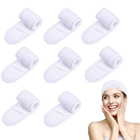 White Elastic Terry Cloth Spa Headband, 8 Pack Washable Makeup Headband with Magic Tape