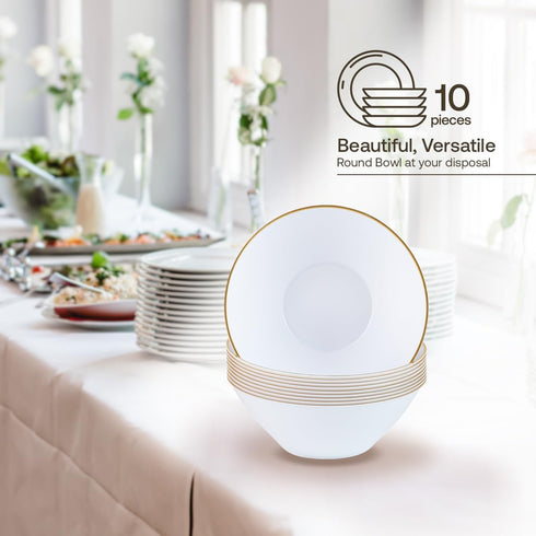 Party Plastic Bowls - White with Gold Rim, 10 Count Round Plates, Elegant Premium Durable Dessert Bowls for Celebrations