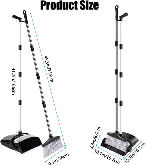 Broom and Dustpan Set with Long Handle, Windproof Stand Up Dustpan with Broom Combo for Home Use