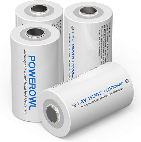 POWEROWL Rechargeable D Batteries 10000mah Low Self Discharge, NiMH, Pre-Charged, 4 Count (Recharge