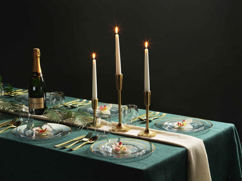 125 Piece Gold Dinnerware Party Set, Includes 50 Gold Rim Clear Plastic Plates, 25 Knives, Forks, and Spoons