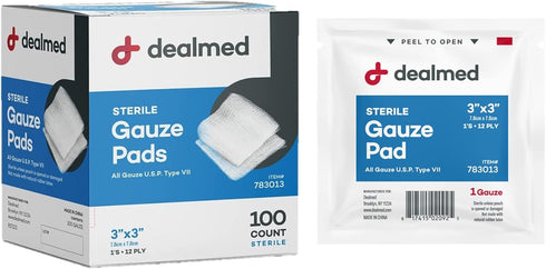 Dealmed 3’’ x 3’’ Sterile Gauze Pads, 100 Count, Disposable and Individually Wrapped for First Aid