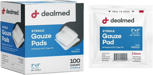 Dealmed 3’’ x 3’’ Sterile Gauze Pads, 100 Count, Disposable and Individually Wrapped for First Aid