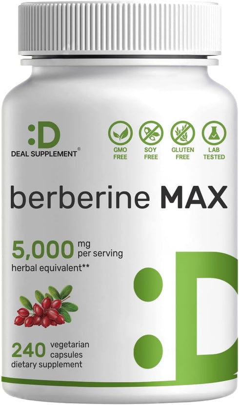 Berberine Max Supplement with Turmeric, 240 Veggie Capsules, 5,000mg Per Serving, 97% Pure Berberine HCL