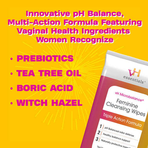 vH essentials Feminine Cleansing Wipes, pH Balanced, Prebiotics, Tea Tree & Aloe, Soothing Witch Hazel, Vaginal Care