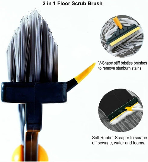 2 in 1 Cleaning Scrub Brush | Grout Brush with Long Handle | V-Shape Stiff Bristle Scrubber for Bathroom Cleaning